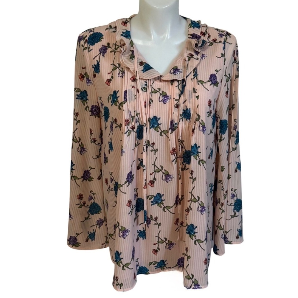 Suzanne Betro Pink Floral Ruffle Neck Tie Blouse Womens XL Long Sleeve Top